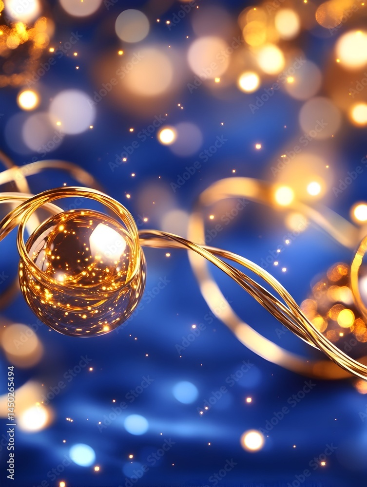 Aufkleber a golden, sparkly ornament hangs from a string of lights against a blue, bokeh background