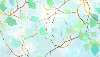 Light Green and Gold Leaves and Vines on Blue Background
