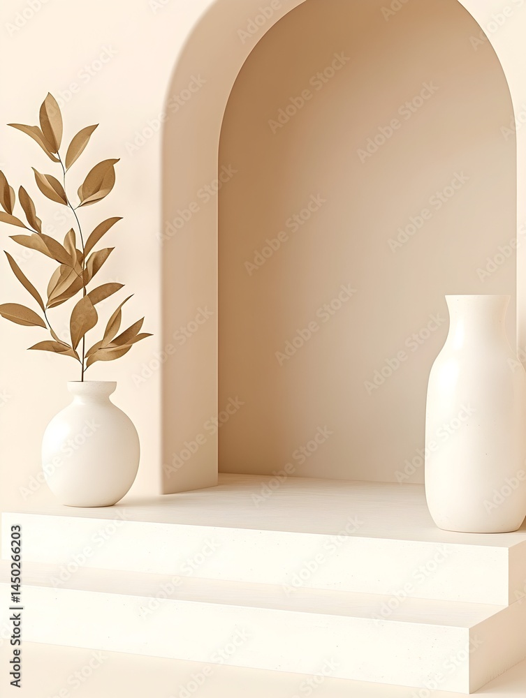 Poster a minimalist scene with a white vase containing dried leaves and another white vase to the right, bo