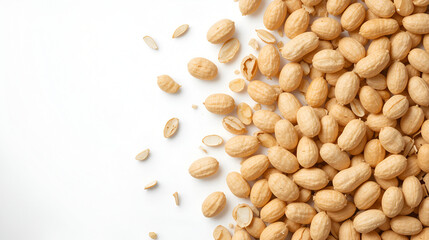 A pile of unshelled peanuts against a white background.
