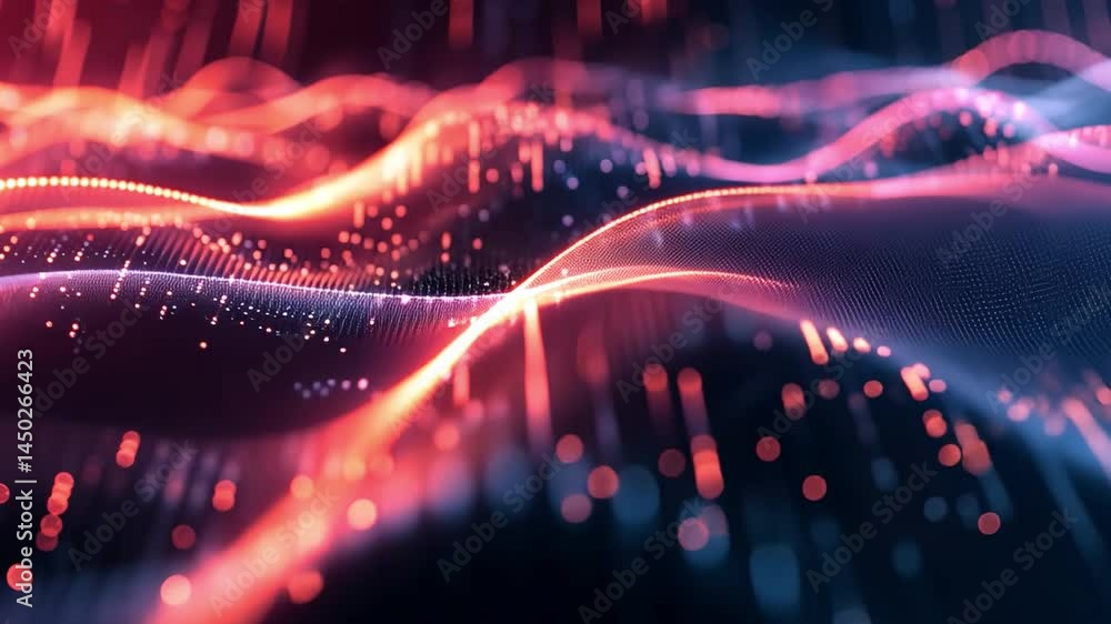 Poster abstract digital waves flowing light and color in red and blue, evoking movement and energy through 