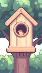 A small bird peeks from a wooden birdhouse mounted on a tree trunk against a lush green backdrop