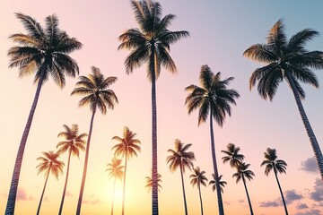 Palm trees at sunset. Lush tropical foliage against a vibrant sky