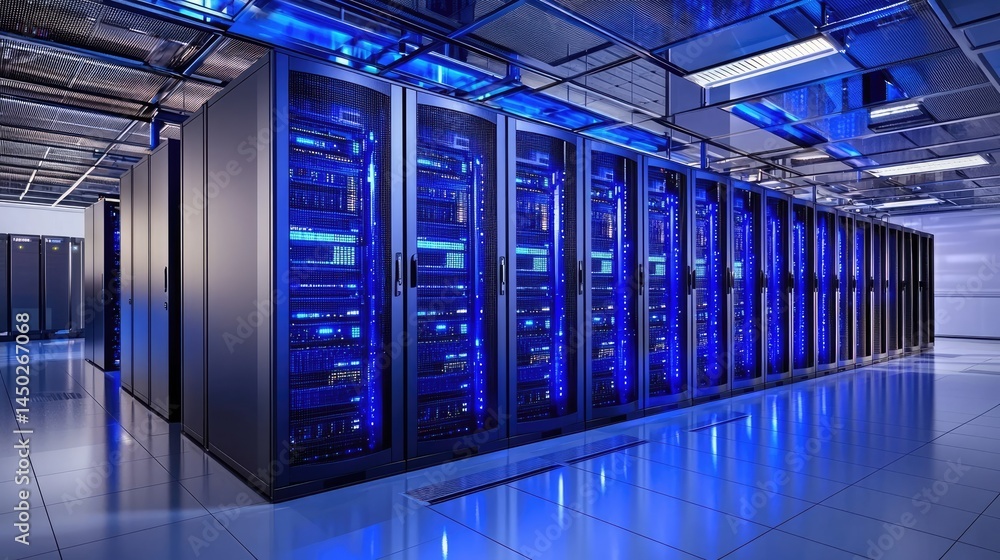 Poster high capacity server room filled with glowing racks under transparent ceiling panels, suitable for i