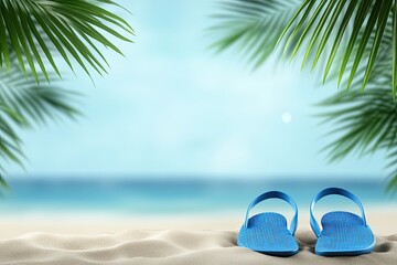 Obraz premium Blue flip-flops on a sandy beach, tropical background. Palm leaves frame a soft focus ocean scene