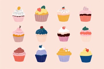 Twelve Delicious Cupcakes with Various Toppings