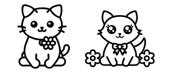 Cute cartoon cat with bow tie and flowers line art vector on a white background