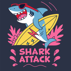 Cartoon Shark Attack T-Shirt Design with Surfboard and Sunglasses.