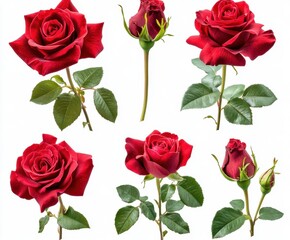 Fototapeta premium A Collection of Lush Red Roses in Various Stages of Bloom with Green Leaves Accentuating Their Beauty Against a White Background