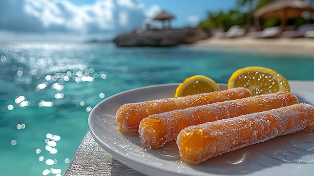 Closeup view of light brown food items on plate with blurry background