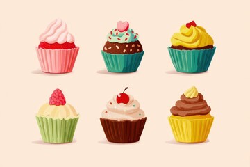 Six Delicious Cupcakes with Various Toppings and Frosting