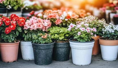Vibrant potted flowers in various colors and sizes, displayed outdoors.  A mix of red, pink, white, and other hues