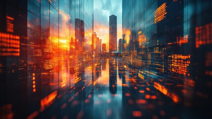 Abstract cityscape with blurred buildings reflecting in a shiny surface orange blue.