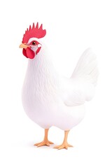 Fototapeta premium A white chicken with a red comb stands facing the camera, its legs and beak are orange