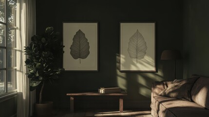 Two framed leaf prints in a dark room with natural light.