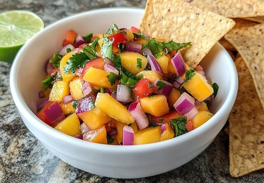 A white bowl filled with colorful mango salsa containing red onion, tomato, cilantro, and mint, accompanied by tortilla chips and a lime wedge.