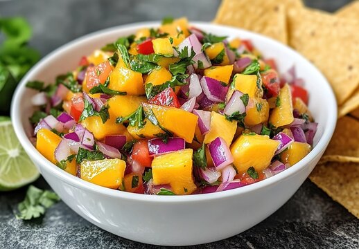 A white bowl filled with colorful mango salsa containing red onion, tomato, cilantro, and mint, accompanied by tortilla chips and a lime wedge.