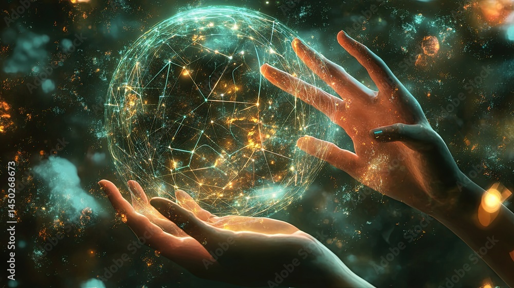 Aufkleber navigating innovation: hands embracing a connected digital sphere of knowledge