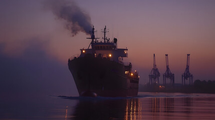 A cargo ship navigates through calm waters at dawn, silhouetted against a colorful sky with cranes in the background.