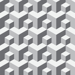 Seamless isometric pattern with interlocking cubes and geometric shapes in a modern abstract style. Ideal for backgrounds and textiles.