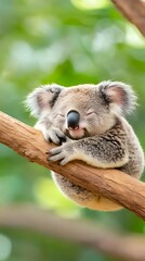 Obraz premium Adorable koala bear sleeping soundly on a tree branch amidst lush green foliage