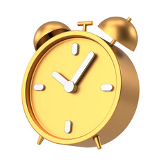 Luxurious 3D Golden Alarm Clock with White Hands and Bells Isolated on Transparent Background