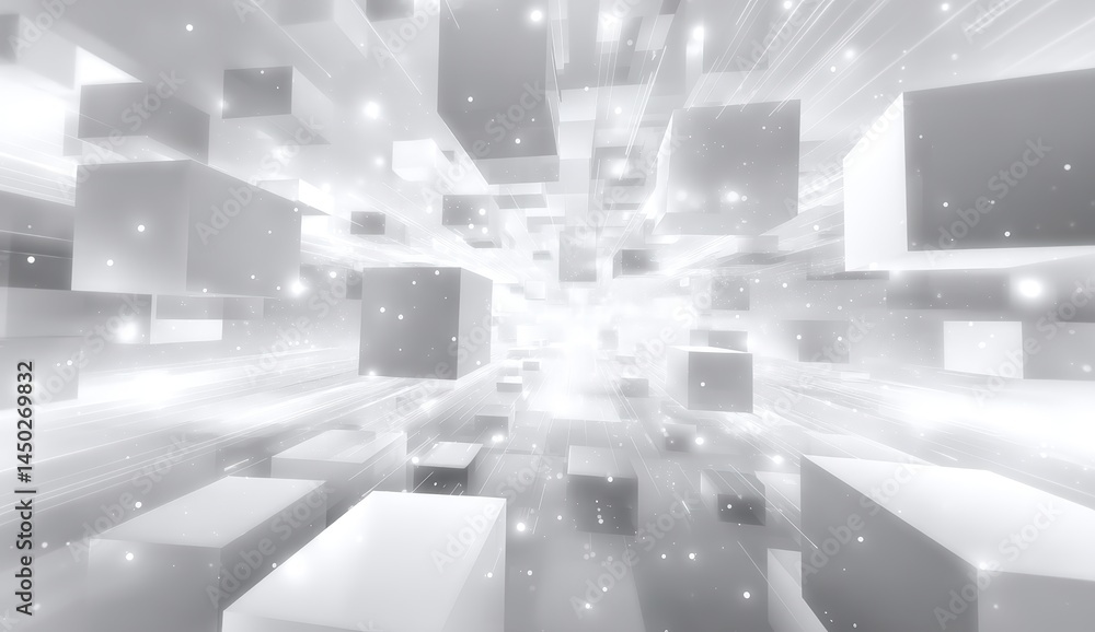 Poster a futuristic scene with floating white cubes in a glowing digital space, creating a sense of depth a