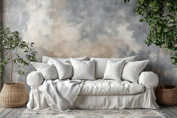 Cozy Off-White Linen Sofa in Rustic Chic Living Room