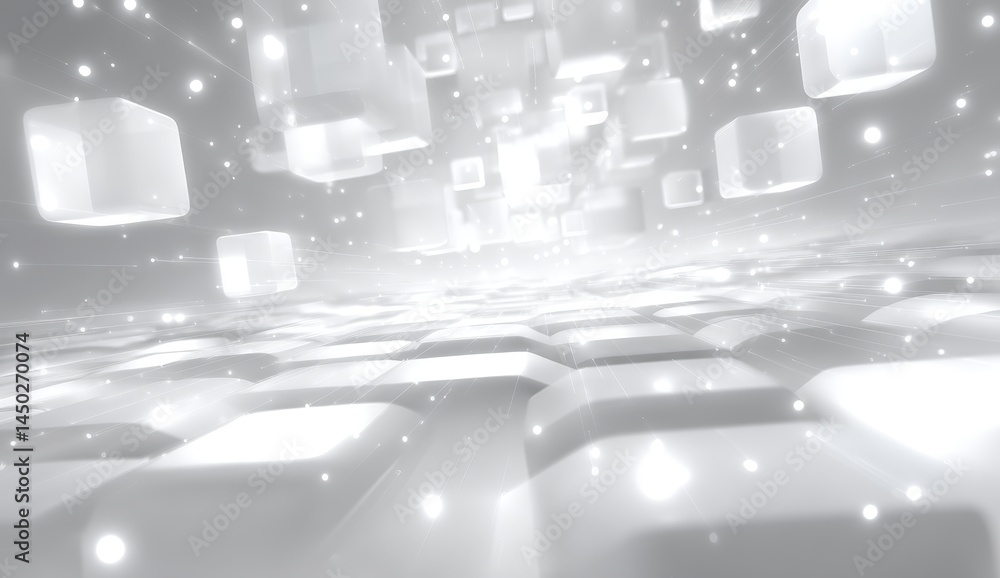 Poster futuristic 3d cubes float above a glowing digital grid, creating a sense of technology and innovatio