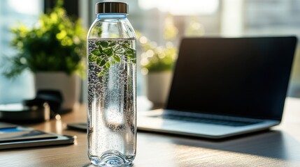 Clear water bottle with fresh greenery on a wooden desk.