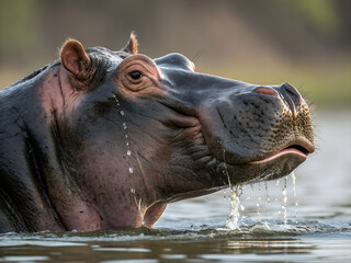 Fototapeta premium hippopotamus emerging from water in natural habitat 