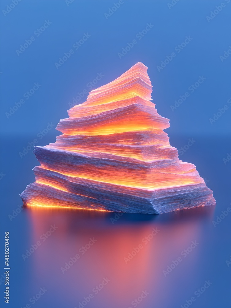 Poster glowing layered structure resembling an iceberg, illuminated from within, reflecting on a calm surfa