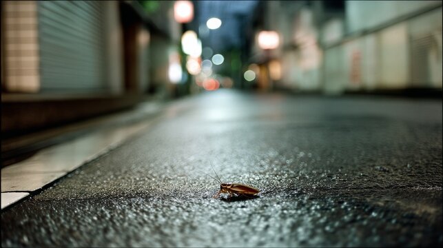 A lone cockroach on a wet urban street at night, framed by blurred city lights, evokes solitude and urban life’s hidden corners. - Powered by Adobe