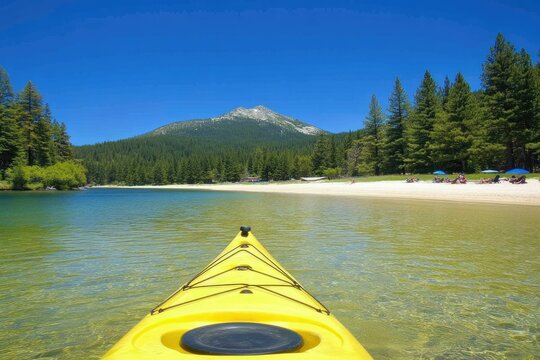 Kayaking on a pristine lake, serene mountain backdrop.  Clear water, sandy beach, sunny day