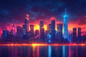 Fototapeta premium Vibrant city skyline at sunset, reflected in water, used for futuristic backgrounds