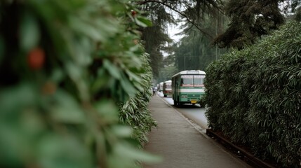 A narrow road flanked by lush greenery and distant buses evokes a sense of tranquil urban travel amidst nature's embrace.