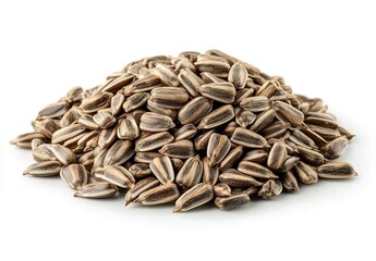 A pile of sunflower seeds close-up photo with a pure white background, highlighting the shell texture and color.
