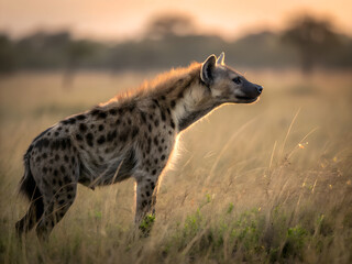 spotted hyena in golden savannah at sunset