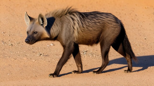 An alert brown hyena (Hyaena brunnea), Kalahari desert, South Africa.
