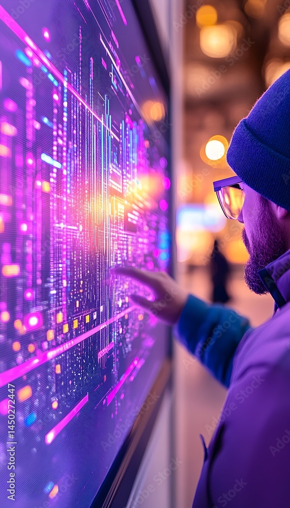Aufkleber person interacts with a large, vibrant, interactive display showcasing dynamic data visualizations a