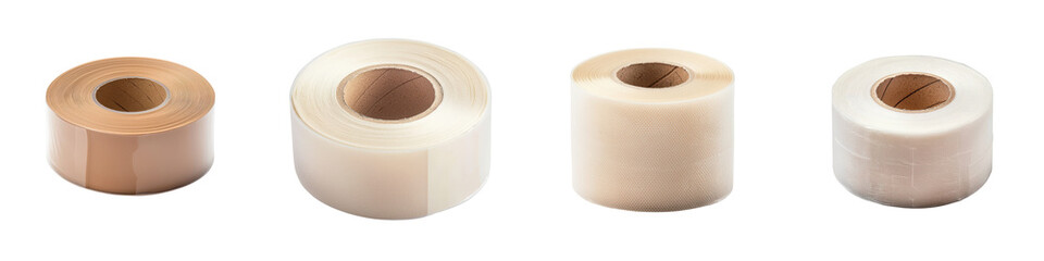Rolls of various plastic wrapping and packaging materials