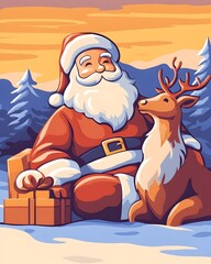 Santa Claus sits with a reindeer in a snowy landscape at sunset, presents nearby