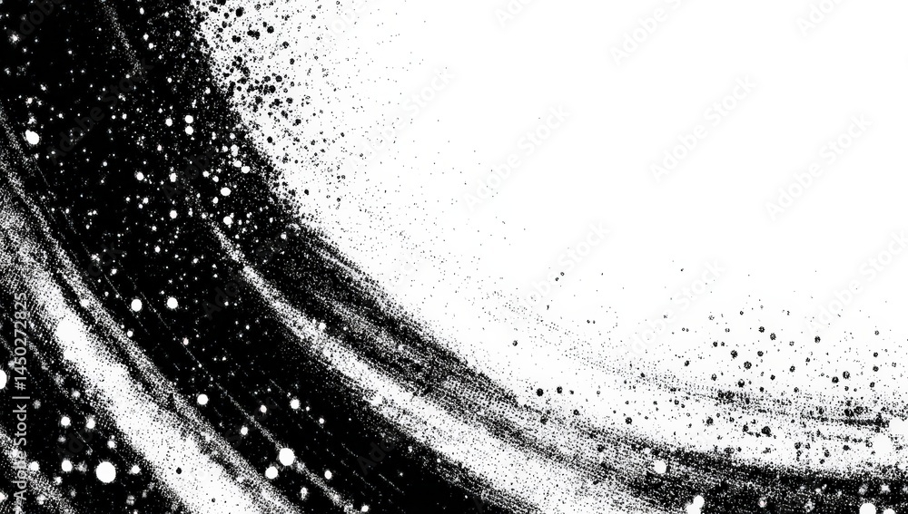 Poster abstract black and white swirl with scattered dots, resembling cosmic or space dust, creating a dyna