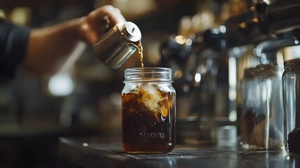 Pouring coffee into a mason jar filled with ice on a counter with coffee making equipment behind