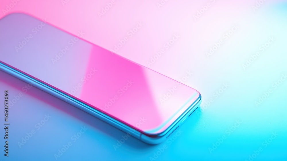 Poster modern mobile phone resting on a gradient surface.