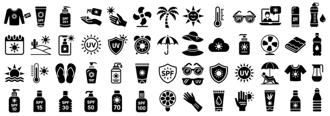 Sun protection and sunburn prevention, summer related vector glyph icons, isolated illustration
