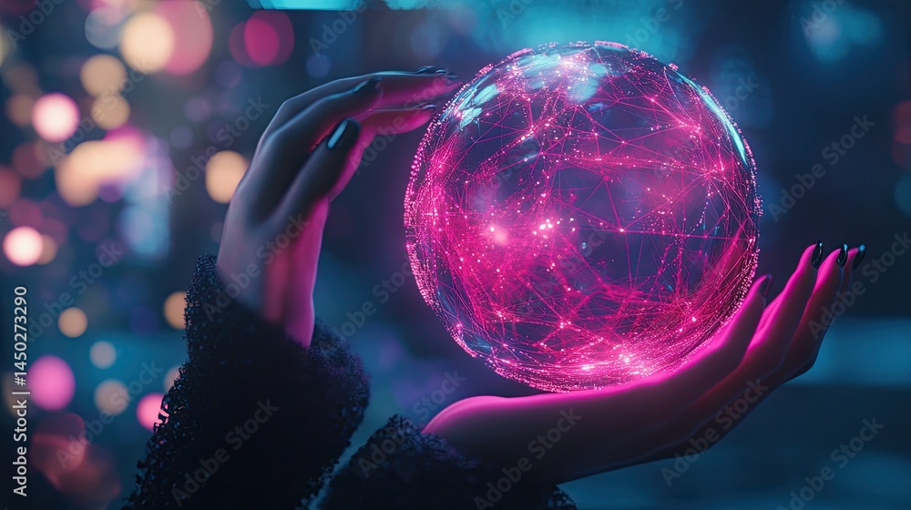 Poster illuminated globe of interconnected nodes in graceful human hands hovering