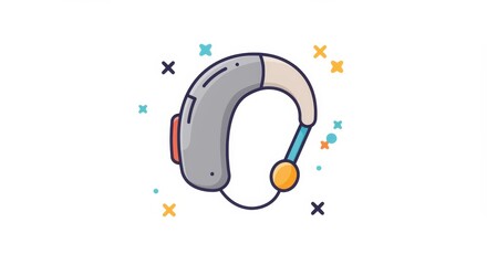 Stylized vector illustration of a hearing aid with whimsical graphic elements