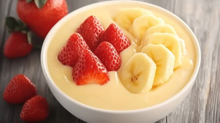 Fresh fruit topped creamy dessert in a bowl.