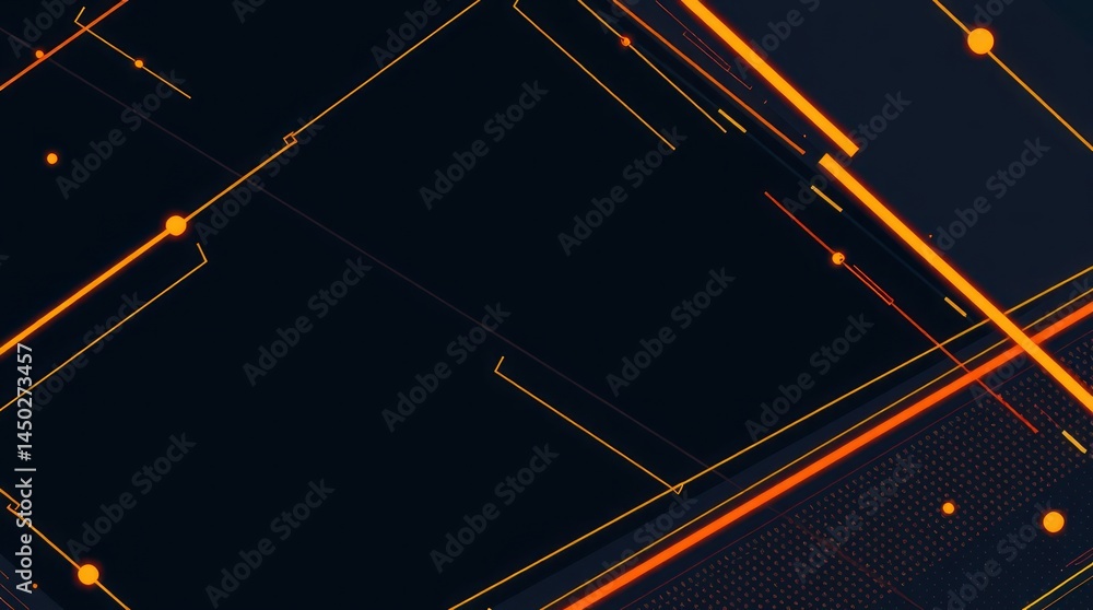 Poster abstract dark background with glowing orange lines and nodes, creating a technological, futuristic d